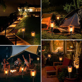 Collage of outdoor settings with lanterns illuminating various scenes.